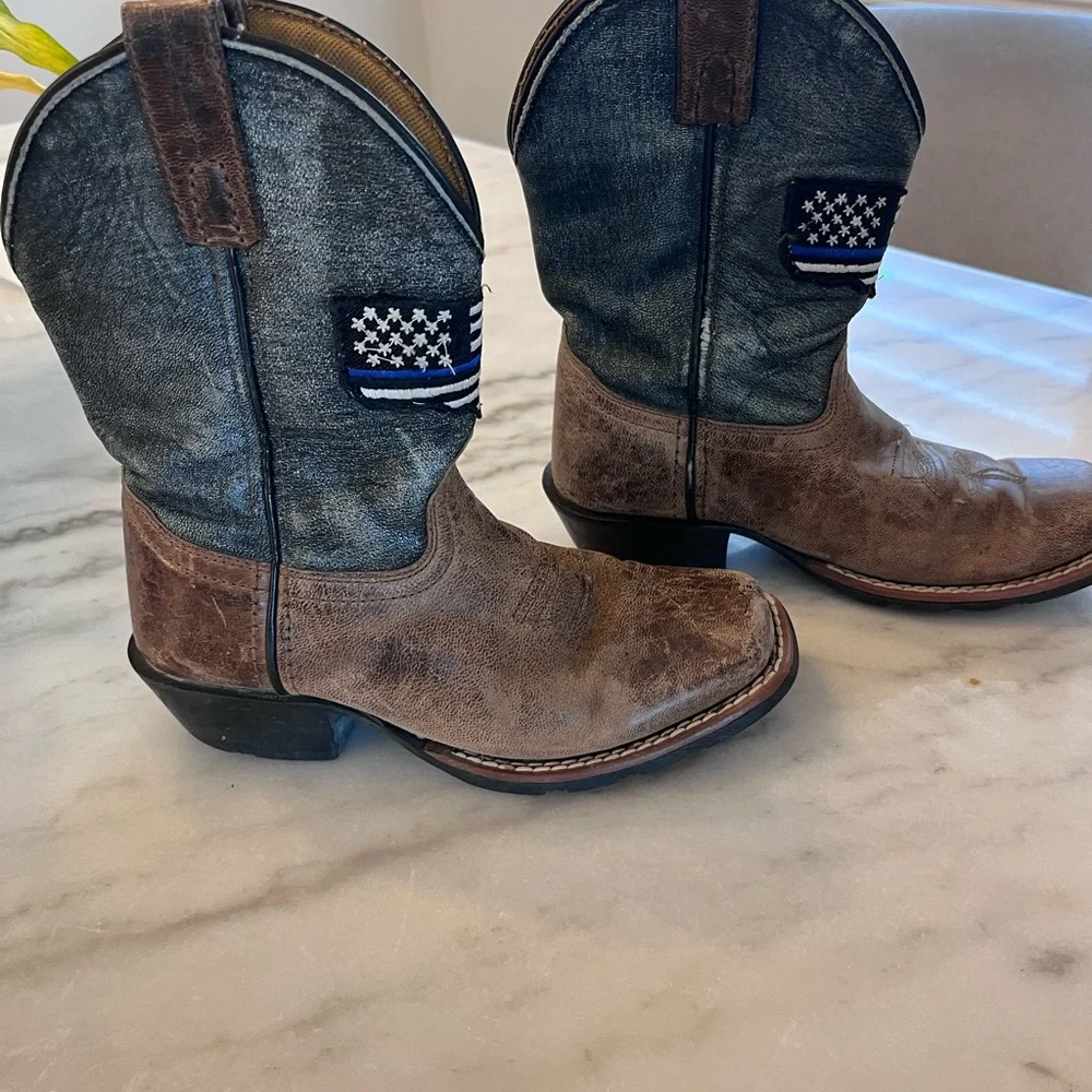 Youth Square Toe Thin Blue Line Flag Patch‎ Cowboy Rodeo Boots